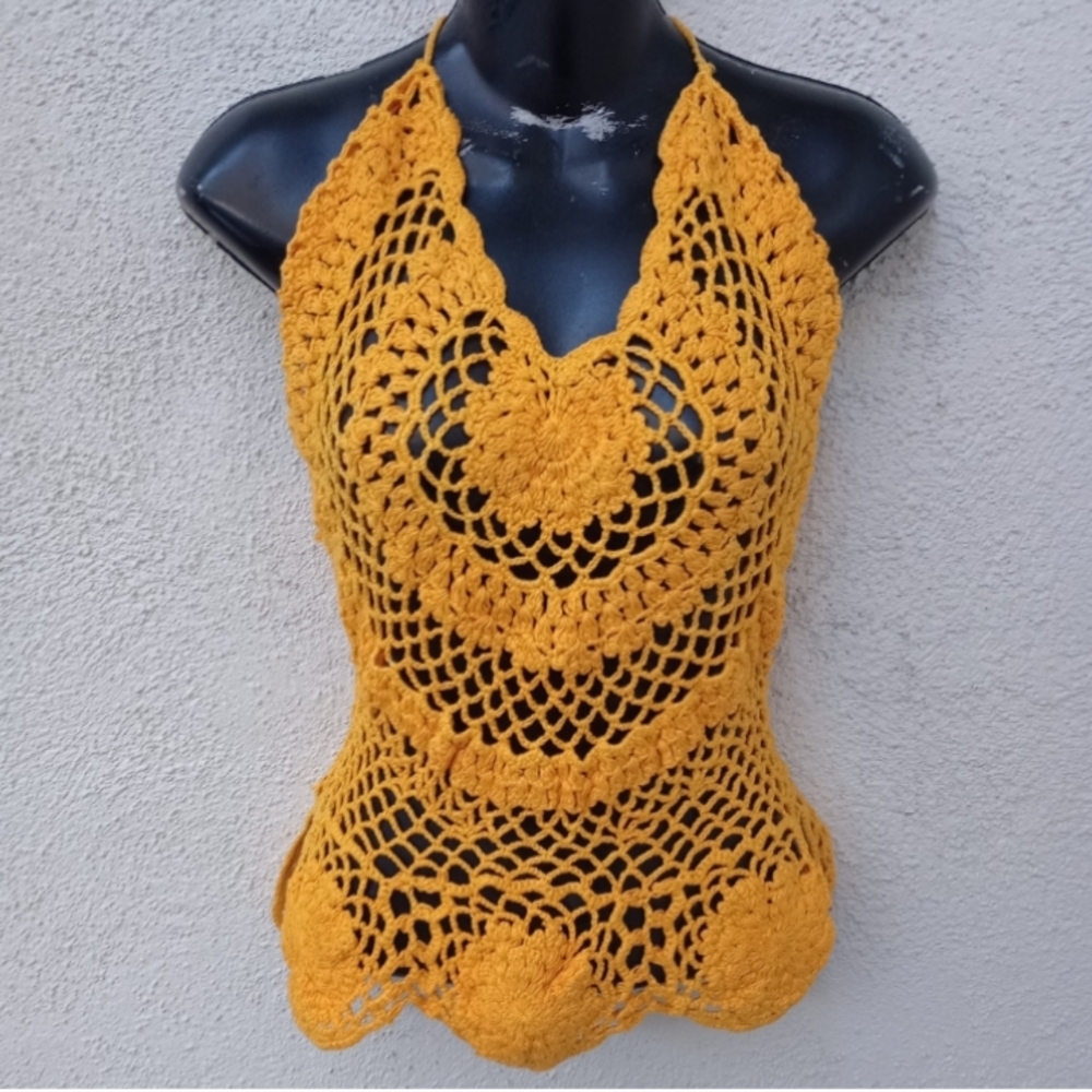 Handmade Mustard Yellow Crochet Halter Top Blouse Boho Festival Openwork